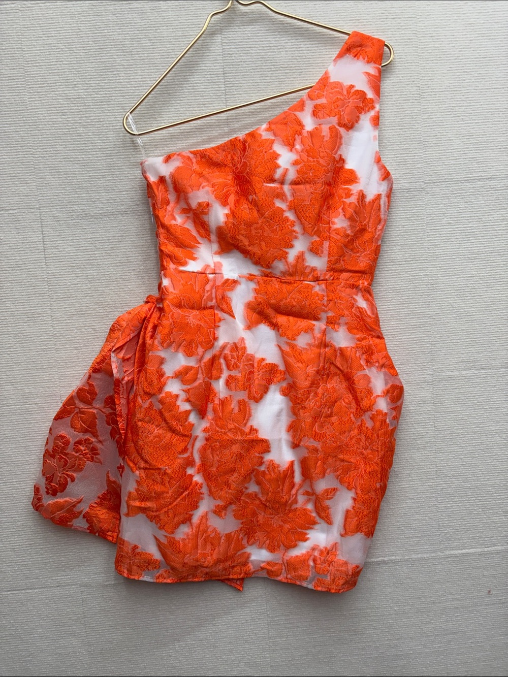 Showpo One-Shoulder Floral Jacquard Dress in Bright Orange - Picture 6 of 8